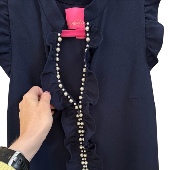 Lilly Pulitzer Adalee Ruffle Shirt Dress True Navy Pearl Embellishments Size 00 - Picture 9 of 14